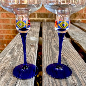 Avon 1993 &quot;Majestic Kente&quot; Candleholder Pair with Cobalt Stem, Kwanzaa Candlestick Holder Pattern, Luminarc France