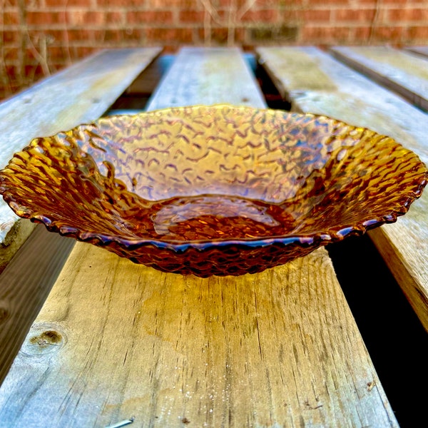 Vintage AMBER Art Glass Pebbled Textured Salad Bowl