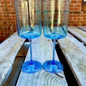 MCM Two Tone Ultramarine Blue Geometric Crystal Wine Glass Pair