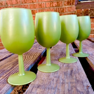 4 Vintage Opaque Frosted Olive Green Water Goblets, MCM Wine Glass Set