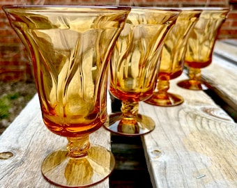 1958-1982 Fostoria Jamestown Amber Iced Tea Glasses, Optic Pedestal Swirl Set of 4