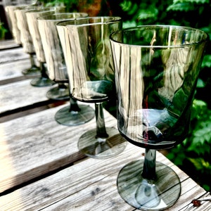 Vintage Libbey Glass Smoke Gray/Off Black Optic Swirl Footed Goblet Drinking Glasses, Set of 6