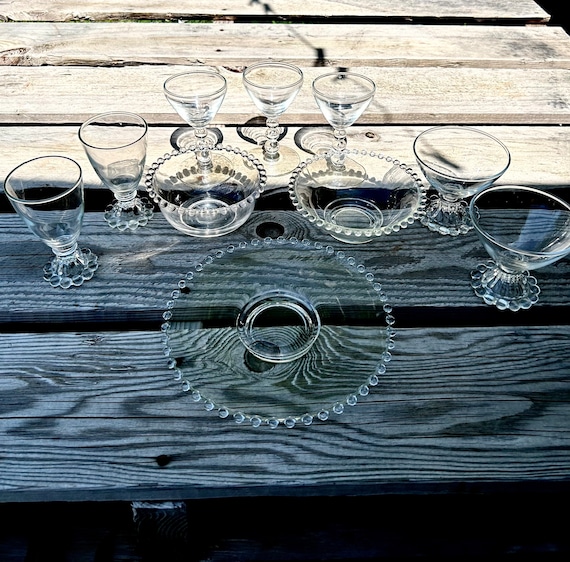 Candlewick Lot: Imperial Glass Ohio Salad Lunch Plate, Fruit Dessert Bowl, Mayo/Cottage Cheese Bowl and Cordial/Juice/Sherbet Glasses