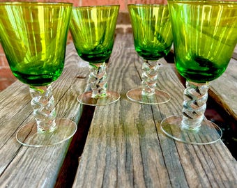 Set of 4 Unique Wintergreen/Lime Bowl, Clear Twisted Stem Cocktail/Cordial Glasses