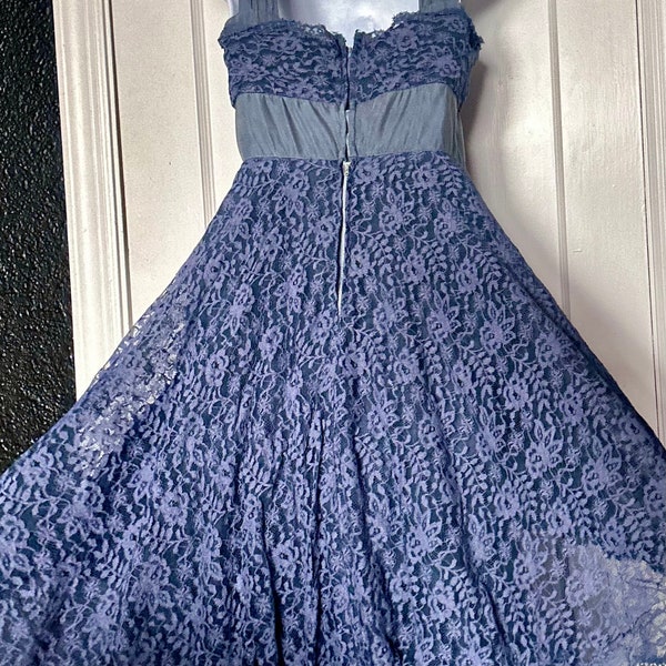 True Vintage 1950s Navy, Purple and Slate Grey Smart Miss Lace Party/Prom Dress with Sash and Asymmetrical Hem
