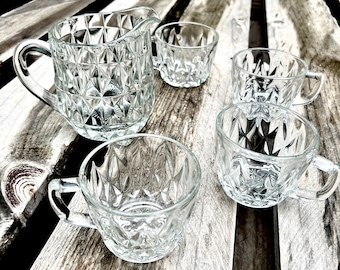 Depression Glass Pitcher and Cups set, Jeannette Windsor and Crown Point Diamond Glass