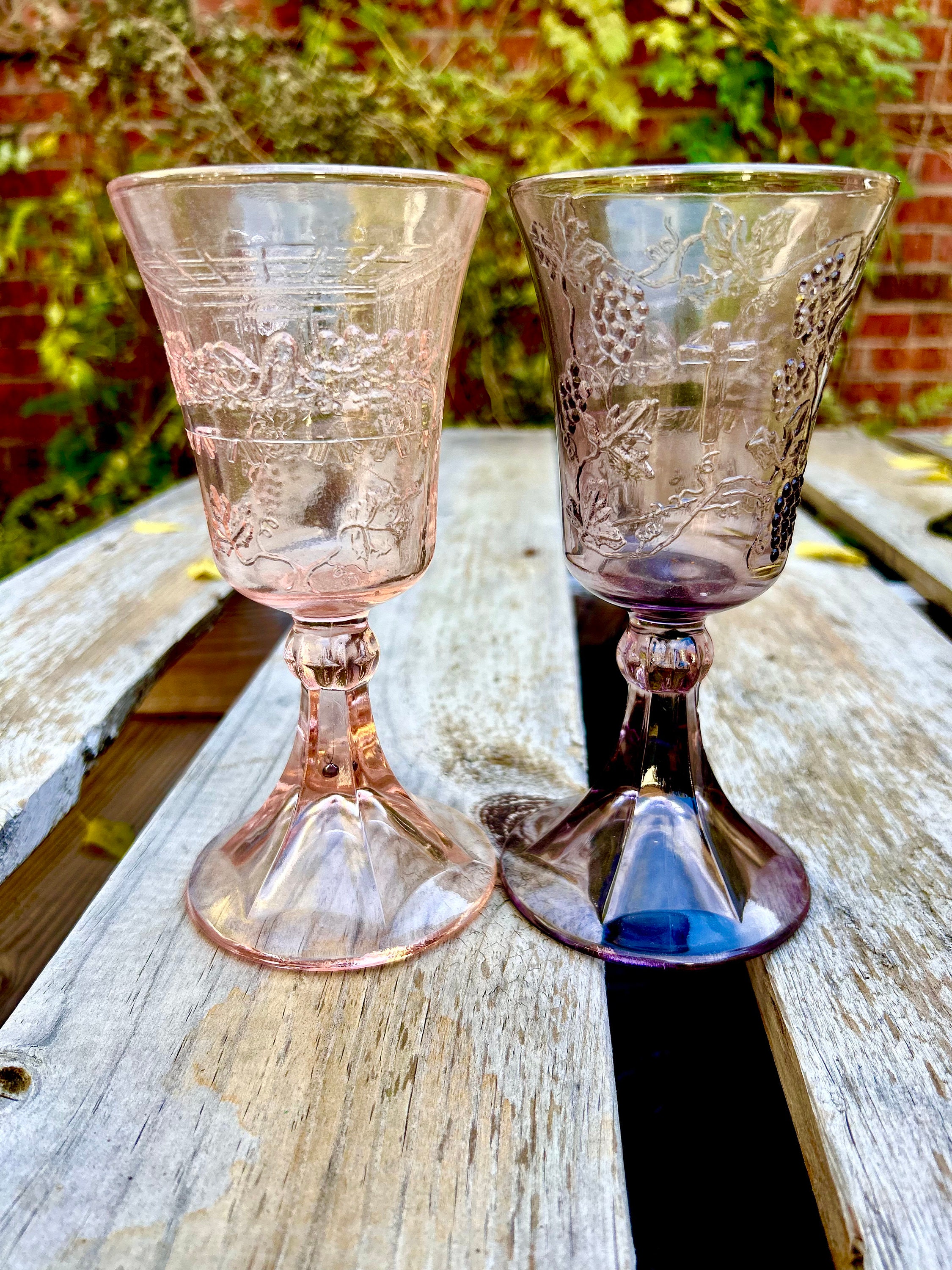 Brass Plated Smokey Gradient Design Goblet Style Wine Glasses, Set