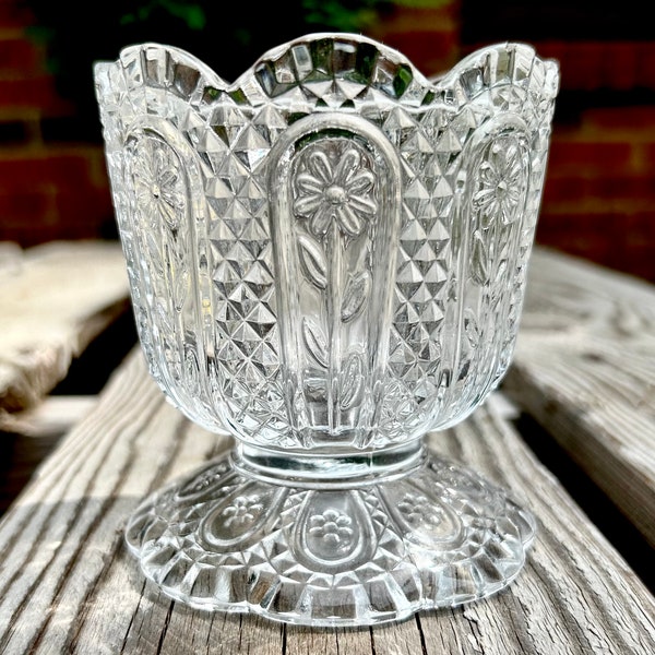 Fostoria Avon Daisy and Diamond Glass Footed Candle Holder/Vase/Candy Dish