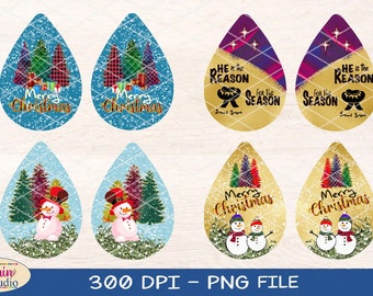 Teardrop Sublimation 4 Pairs Earrings Designs, Merry Christmas Trees Snowman  Patterns, 300 DPI, 4 PNG Files on individual and on full sheet