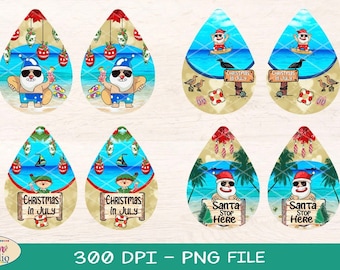 Teardrop Sublimation 4 Pair Earrings Design Bundle, Christmas In July, Santa Stop Here, 300 DPI, 8 PNG Files on individual and on full sheet