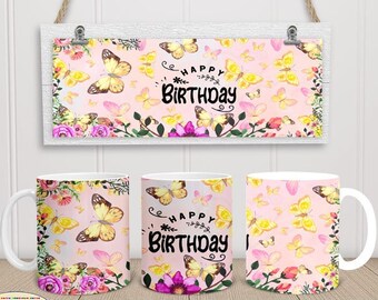 11oz, 12oz (Cricut mok pers) & 15oz bundel mok sublimatie PNG-sjablonen, 300 DPI, gelukkige verjaardag, aquarel vlinders bloemen patronen