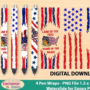 4 Clear Background Pen wraps 4th of July Gnome US Flag Pattern, Waterslide epoxy pen wrap 300 DPI, 4 PNG Files on individual & on full sheet