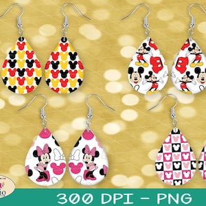 Teardrop Sublimation 4 Pairs Earrings Designs, Inspire Mickey Mini Mouse Pattern Design 300 DPI, 8 PNG Files on individual and on full sheet image 1