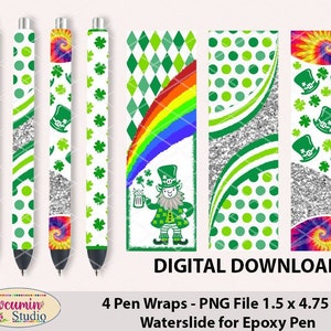 4 Pen wraps St Patrick's Day Gnome Rainbow Shamrock Patronen, waterglijbaan epoxy pen wraps, 300 DPI, 4 PNG Bestanden op individueel & op volledig vel