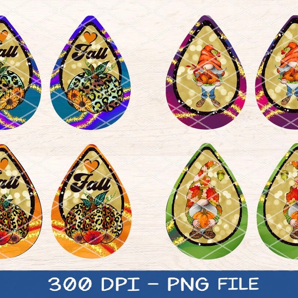 Teardrop Sublimation 4 Pairs Earrings Bundles, Gnomes Love Fall Leopard Pumkins Designs, 300 DPI, 4 PNG Files on individual & on full sheet