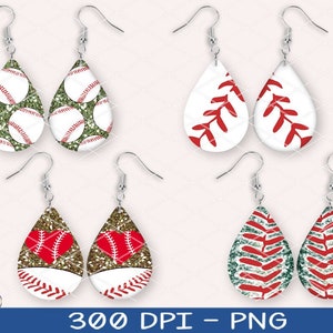 May include: Four pairs of baseball-themed teardrop earrings with silver hooks. Designs include baseballs, red stitching, and glitter accents. The earrings are digitally designed and available for download.
