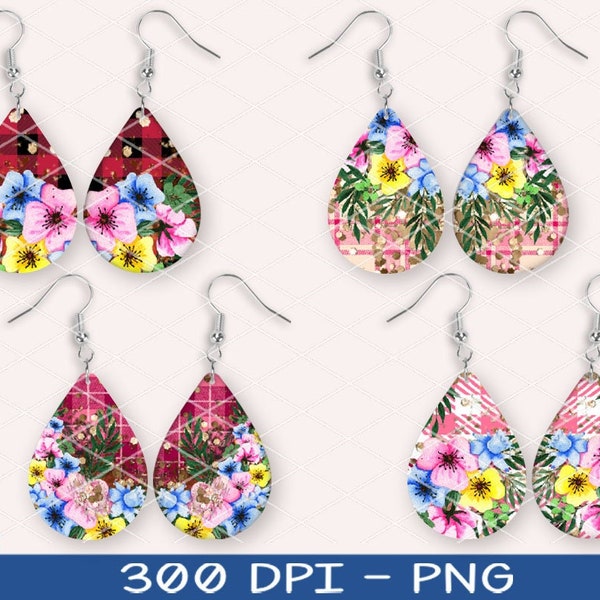 Teardrop Sublimation 4 Pairs Earrings Designs, Plaids Pansies Flowers Patterns Design, 300 DPI, 4 PNG Files on individual and on full sheet