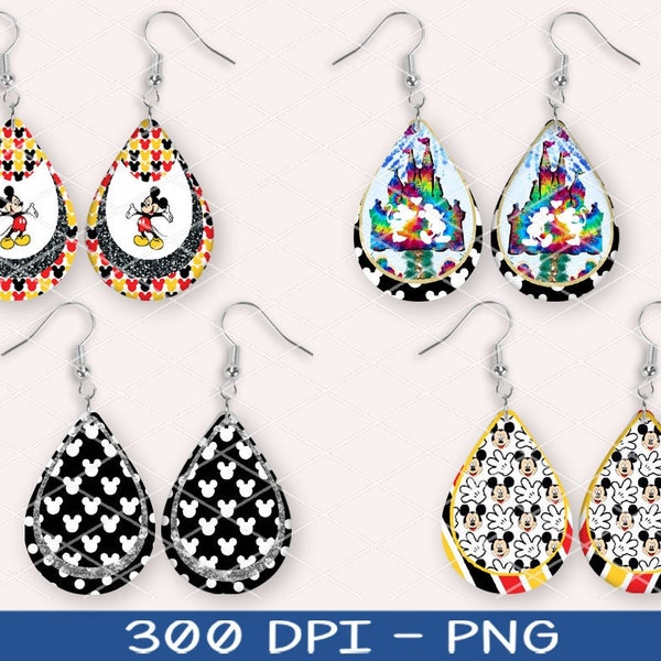 Teardrop Sublimation 4 Pairs Earrings Designs, Mickey Polka Dots Patterns Design, 300 DPI, 4 PNG Files on individual and on full sheet