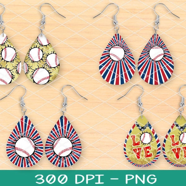 Teardrop Sublimation 4 Pairs Earrings Designs Bundle, Love Baseball  Patterns Design, 300 DPI, 8 PNG Files on individual and on full sheet