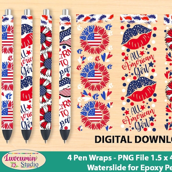 4 Clear Background Pen wraps, 4th of July Sun Flowers Pattern, Waterslide epoxy pen wrap 300 DPI, 4 PNG Files on individual & on full sheet