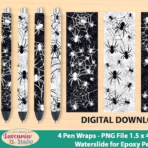 4 PNG Pen Wraps Halloween, Black White Spider webs Glitter Pattern, waterslide epoxy pen wrap 300 DPI, 4 Files on individual & on full sheet