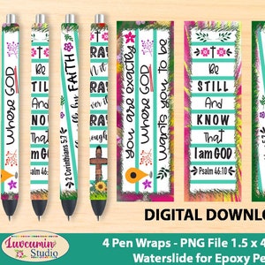 May include: Four colourful pen wraps with inspirational quotes and scripture verses. The wraps are designed for epoxy pens and measure 1.5 by 4.75 inches.