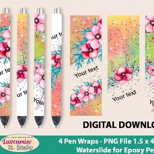 4 Duidelijke achtergrond Pen Wraps Cherry Blossom patroon ontwerp, waterglijbaan epoxy pen wrap, 300 DPI, 4 PNG-bestanden op individueel en op volledig blad