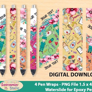 4 Pen Wraps, Dr. Nurse Text Muster, Wasserschiebetechnik, 300 DPI, 4 PNG Dateien auf einzelnen und auf ganzen Blatt