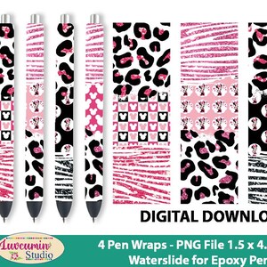 4 Clear Background Pen Wraps, Inspires Mini Mouse Pink Glitter Pattern, waterslide epoxy, 4 PNG Files on individual & on full sheet, 300 Dpi