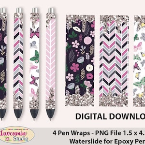 Pen Wrap Flowers Butterflies glitters Stripes patterns, waterslide epoxy pen wraps, 300 DPI, 4 PNG Files on individual and on full sheet