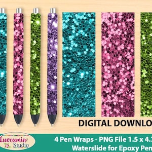 4 Digital Pen wraps Pink Blue Green Purple Glitter pattern, waterslide epoxy pen wraps, 300 DPI, 4 PNG Files on individual and on full sheet