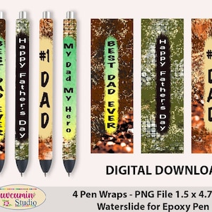 Pen Wraps Happy Father's Day, #1 Dad, Best Dad Ever, Wasserschiebetechnik, 300 DPI, 4 PNG Dateien auf einzelnem und auf ganzem Blatt