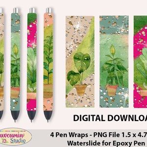 Pen wraps Green watercolor Plants Glitter, waterslide epoxy pen wraps, 4 PNG Files on individual and on full sheet, 300 Dpi