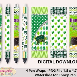 Op de afbeelding: Set van vier penwraps met St. Patrick's Day-thema's. Ontwerpen omvatten klavers, kabouterhoeden en regenbogen in groen, wit en zilver. Eén wrap zegt "Happy St. Patrick's Day". Afmetingen: 3,81 cm x 12,07 cm.