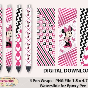 Pen wraps Inspires Mini Mouse Pink Stripes Design Pattern, waterslide epoxy pen wraps, 4 PNG Files on individual & on full sheet, 300 Dpi