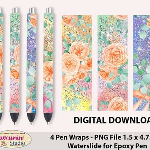 Patrones de Pen Wrap Rustic Roses, envolturas de pluma epoxi con tobogán de agua, 300 DPI, 4 archivos PNG en hoja individual y completa, acuarela BG y brillos