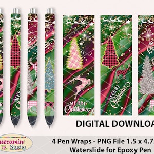 May include: Festive Christmas pen wraps with plaid trees, reindeer, and "Merry Christmas" text on a green and red backdrop. The digital download includes four PNG files, each measuring 3.81 cm x 12.07 cm. Ideal for epoxy pens.