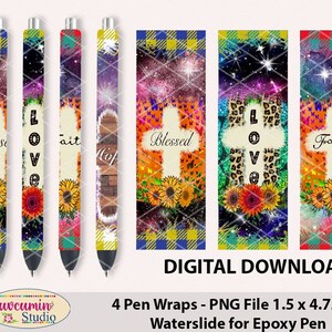 Puede incluir: Envolturas digitales para bolígrafos con diseños inspiradores. Las envolturas presentan cruces, girasoles y las palabras "Blessed", "Love", "Faith" y "Hope". El fondo incluye patrones de cuadros, galaxias y leopardo. Las envolturas miden 3,8 x 12,1 cm.