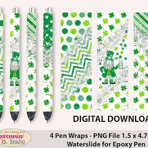 Op de afbeelding: Vier digitale penomslagen met een groene klaver, groene en witte stippen, een groen en wit chevron-patroon, een kabouter met een biertje en een groen en wit klaverpatroon. De penomslagen zijn 1,5 x 4,75 inch en zijn ontworpen voor epoxy-pennen.