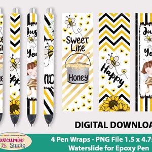 4 Pen wrap Bees Yellow Sun Flowers Honey Bee Fairy patterns, waterslide epoxy pen wraps, 4 PNG File on individual and on full sheet 300 Dpi