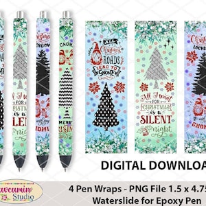 May include: Four digital pen wraps featuring Christmas gnomes and trees. The designs include "All I want for Christmas is a Silent Night", "Christmas Lockdown with my Gnomes", "All Christmas Roads Lead to Gnome", and "From our Gnome to Yours Merry Christmas". The pen wraps are 1.5 x 4.75 inches and are waterslide decals for epoxy pens.