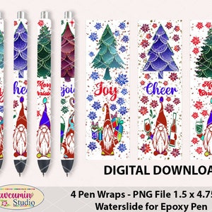 May include: Four digital pen wraps featuring Christmas gnomes and trees. The designs include "Joy", "Cheer", "Merry Christmas", and "Rejoice". Each wrap is 1.5 by 4.75 inches and is designed for use with epoxy pens.