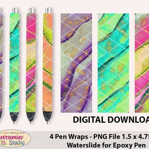 May include: Four digital pen wraps featuring abstract marble designs in shades of pink, green, purple, and orange with gold glitter accents. The pen wraps are 1.5 inches by 4.75 inches and are designed for epoxy pens.