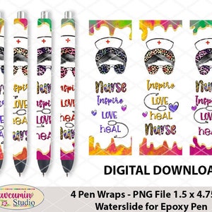 May include: Set of four pen wraps with a nurse theme. Each wrap features the words "Inspire, Love, Heal, Nurse" in various colors. The design includes a nurse with leopard print glasses and a nurse's cap. The wraps are 1.5 x 4.75 inches.