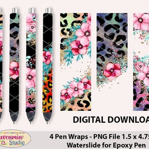 4 Pen Wraps Clear Background Leopard Pink Flowers pattern, waterslide epoxy pen wraps, 300 DPI, 4 PNG Files on individual and on full sheet