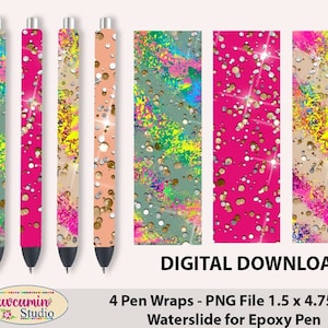 Pen Wrap Tie Dyed, Pink Green Yellow Rainbow Color, waterslide epoxy pen wraps, 4 Designs PNG Files on individual and a full sheet, 300 DPI