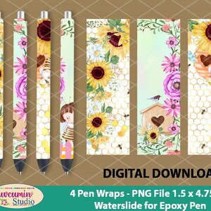 4 Pen wrap Bees Yellow Sun Flowers Gnome Bee Fairy patterns, waterslide epoxy pen wraps, 4 PNG File on individual and on full sheet 300 Dpi