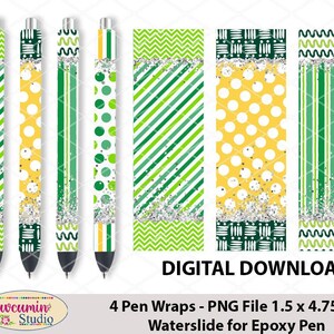 Op de afbeelding: Een verzameling penwraps met diverse groene en gele patronen, waaronder strepen, stippen en zigzags. Elke wrap is 3,8 x 12,1 cm. Het ontwerp bevat zilveren glitteraccenten. De tekst "ALLEEN DIGITALE DOWNLOAD" is zichtbaar.