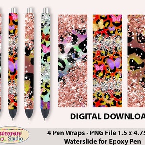 Pen Wraps Leopard Butterflies Glitter Design, waterslide epoxy pen wraps, 300 DPI, 4 PNG Files on individual and on full sheet