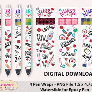 Nurse Patience Strong Smart Compassion Patterns, Wasserschiebefolie, Epoxy Pen Wraps, 300 DPI, 4 PNG Dateien auf einzelnen und auf ganzen Bogen